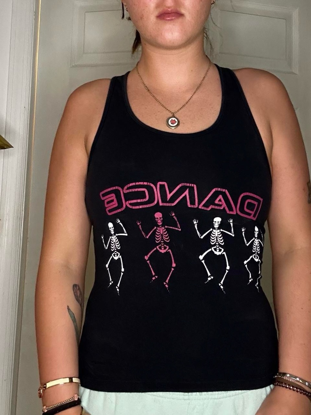 Old Navy Black Tank Top with Pink & White Dancing Skeleton Graphic